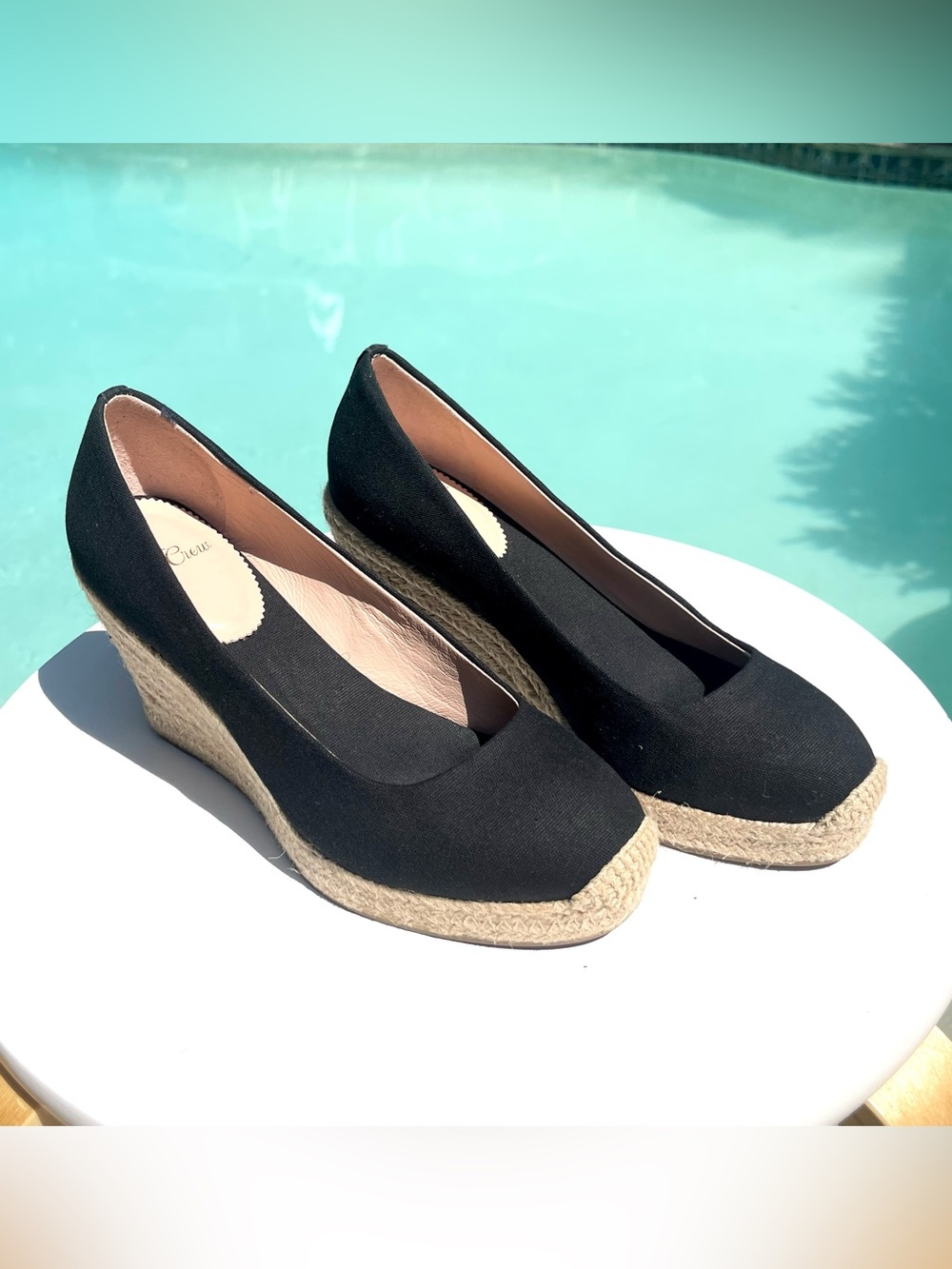 J. CREW Seville Espadrille Black Canvas Jute Wedge Slip On Shoes Size 6